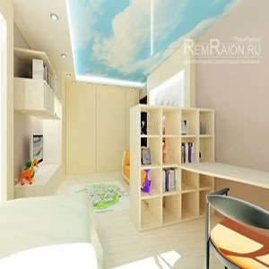 Дизайн детской спальни с облаками на натяжном потолке 