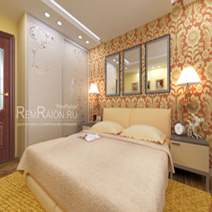 Дизайн спальни с большим шкафом купе и красно-золотистой стеной