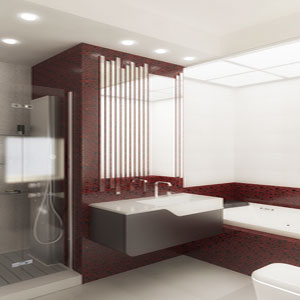 Ванная комната с красной круглой мозайкой
