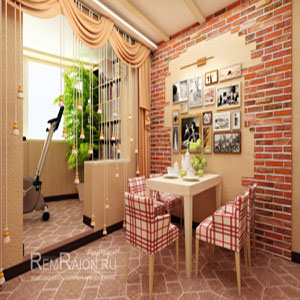 Дизайн кухни с объединенным балконом и отделкой стен клинкерной плиткой под кирпич
